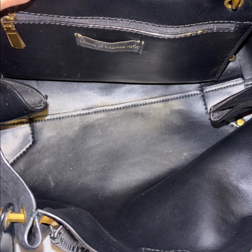 HOUSE OF HARLOW 1960 BLACK SUEDE BAG W/ SHOULDER STRAP GOLD/BRASS TONED HANDLE - Picture 8 of 16